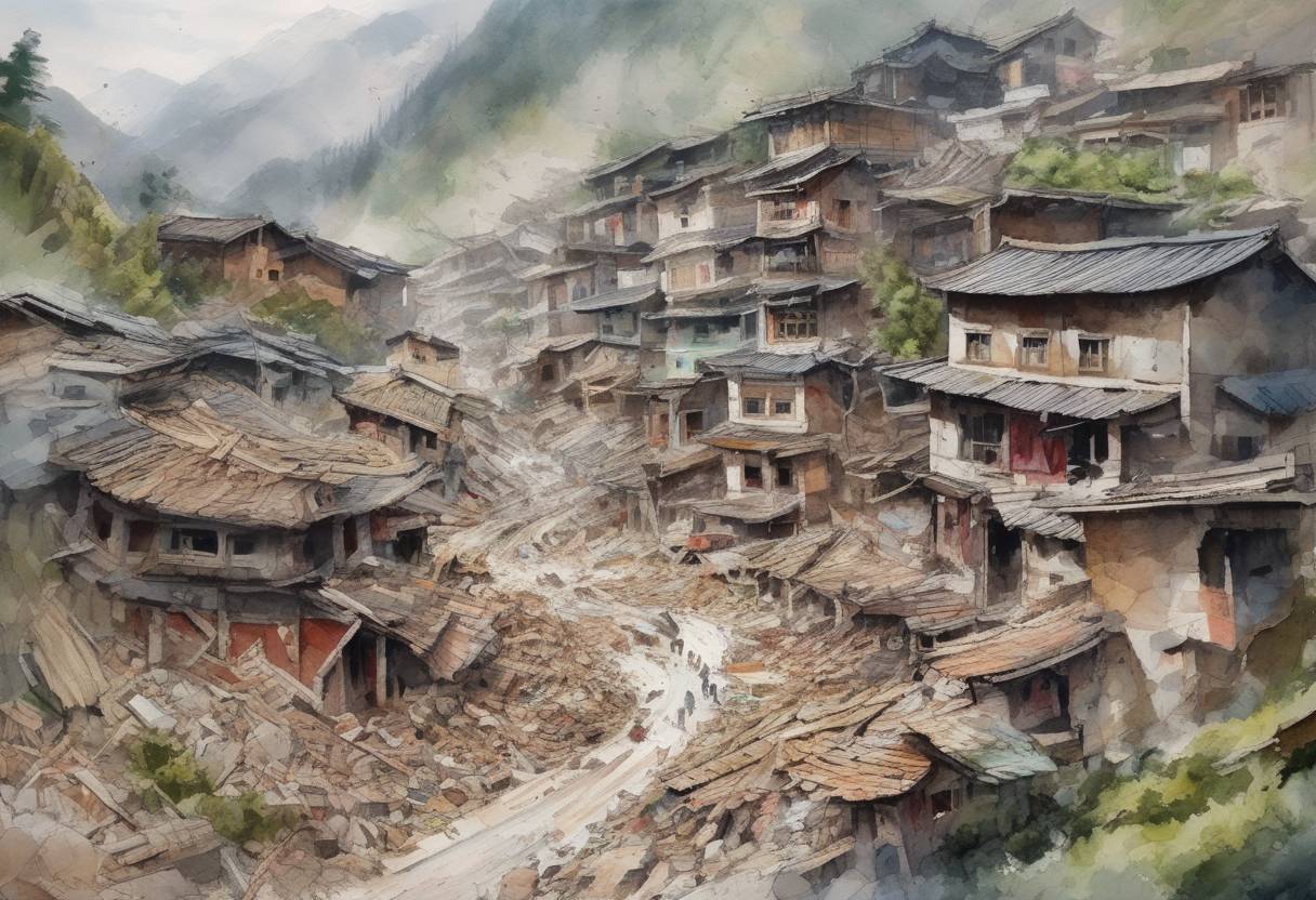 Watercolor painting based depiction of A devastating earthquake measuring 7.9 on the Richter scale struck Sichuan Province in China, causing widespread destruction and loss of life. The earthquake resulted in nearly 87,000 deaths and left millions homeless. (2008)