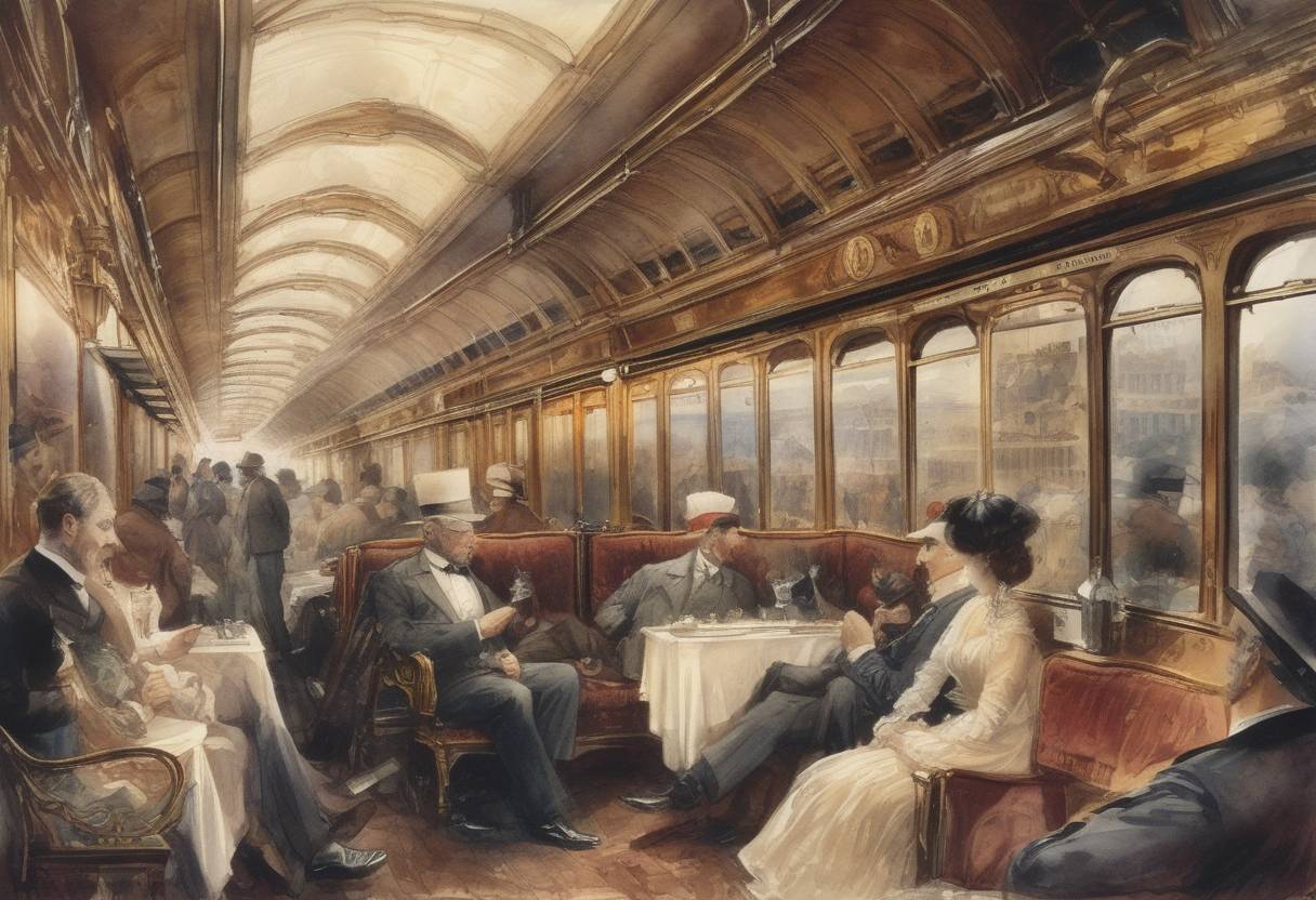 Watercolor painting based depiction of The first regularly scheduled Orient Express train service began, linking Paris and Istanbul. (1883)