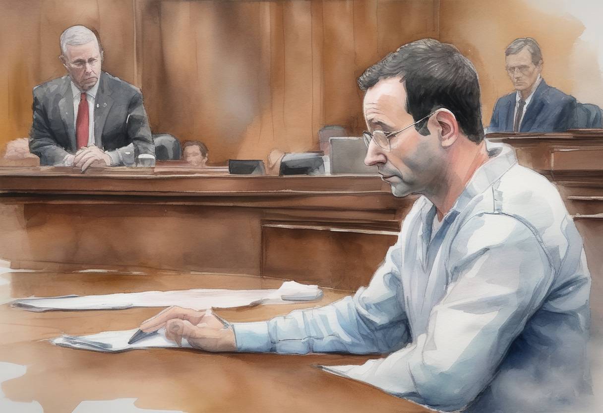 Watercolor painting based depiction of Larry Nassar, former USA Gymnastics doctor, is sentenced to 40 to 175 years in prison for sexually abusing young athletes. (2018)
