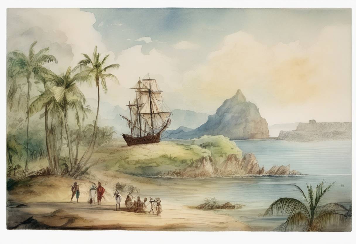 Watercolor painting based depiction of Christopher Columbus landed on the mainland of South America, near present-day Venezuela, during his third voyage. (1498)