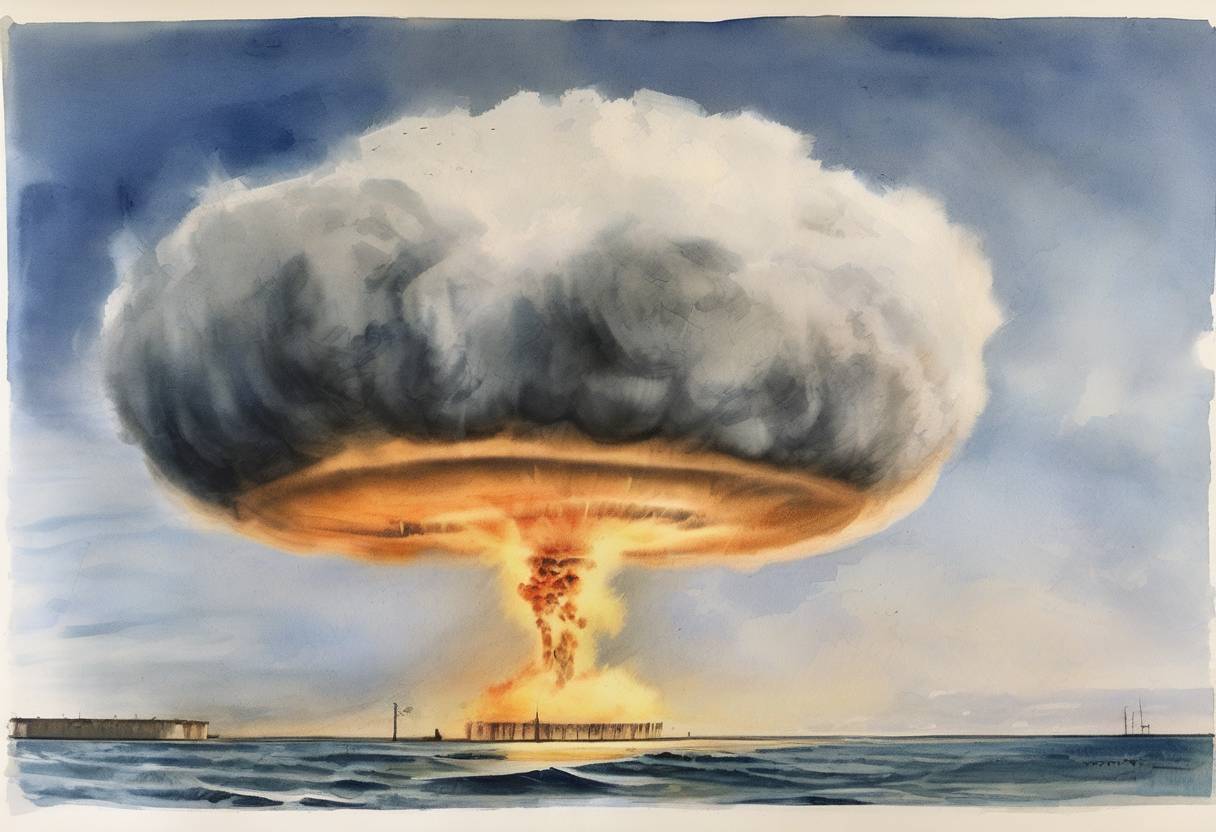 Watercolor painting based depiction of A hydrogen bomb known as the Tybee Bomb is lost off the coast of Savannah, Georgia, after a mid-air collision. (1958)