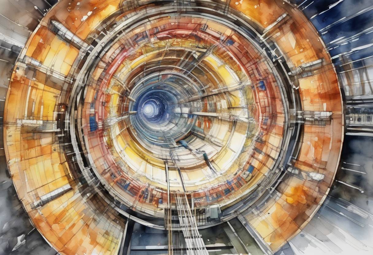 Watercolor painting based depiction of The Large Hadron Collider (LHC) at CERN achieved its first high-energy collisions, marking a significant milestone in particle physics. (2010)