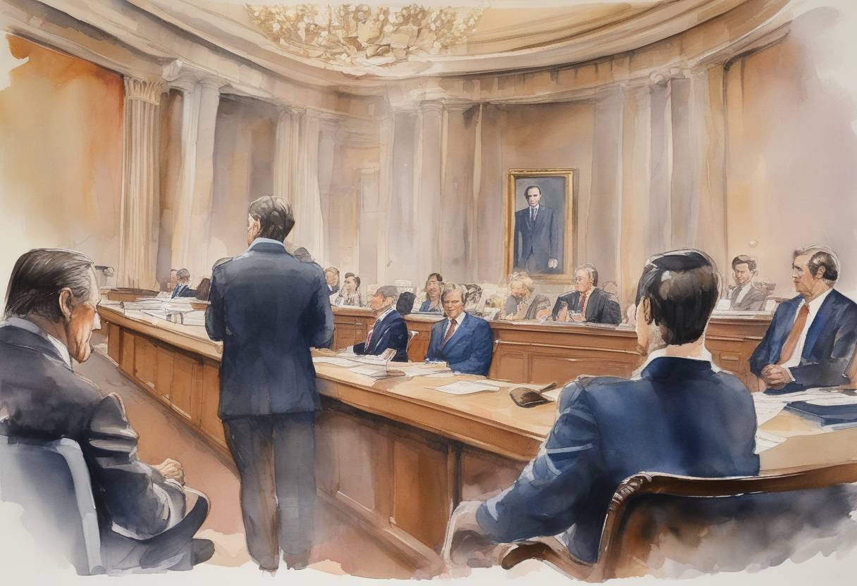 Watercolor painting based depiction of The House Judiciary Committee voted to recommend the first article of impeachment against President Richard Nixon for obstruction of justice in the Watergate scandal. (1974)