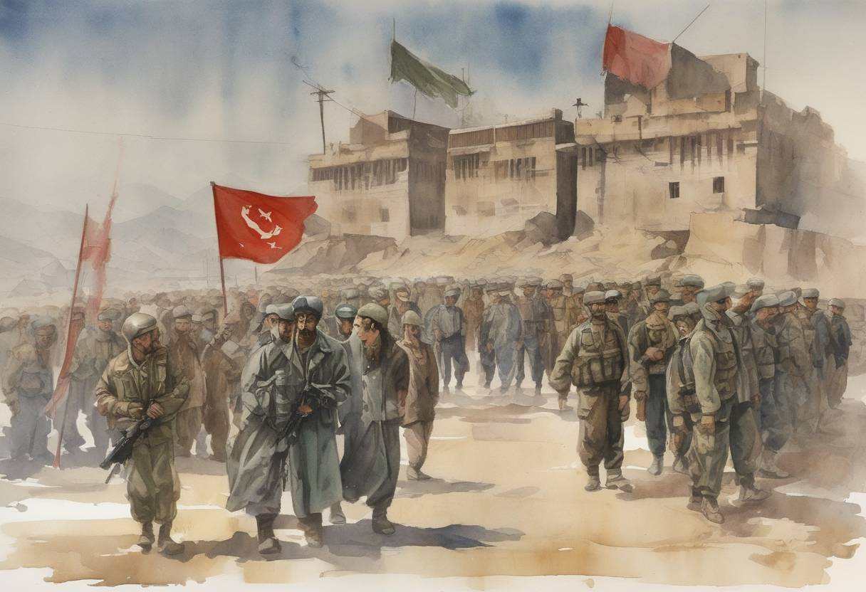 Watercolor painting based depiction of The Soviet Union officially announces that all of its troops have left Afghanistan, ending a nine-year military intervention. (1989)