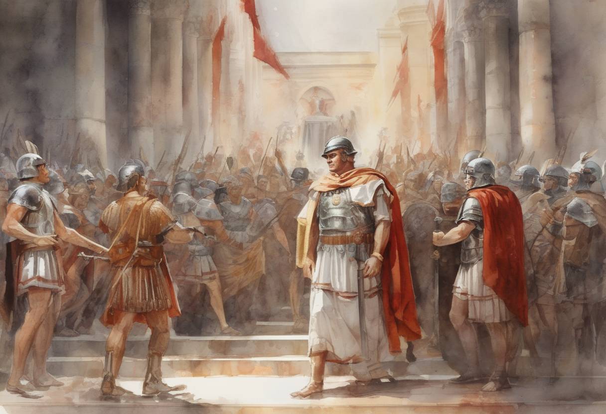 Watercolor painting based depiction of Vitellius is proclaimed Roman Emperor by the legions in Germania Superior, marking a significant event in the Year of the Four Emperors. (69)