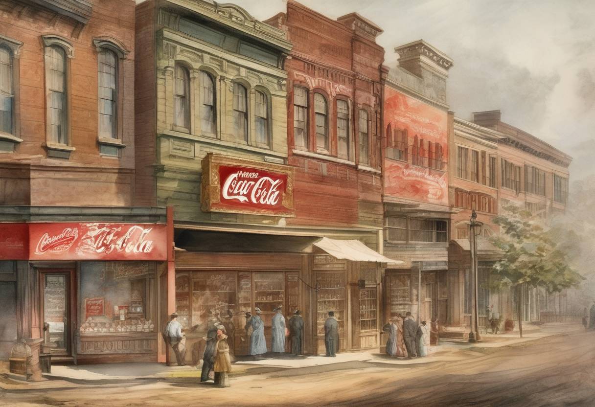 Watercolor painting based depiction of Coca-Cola is first sold at Jacob's Pharmacy in Atlanta, Georgia. (1886)