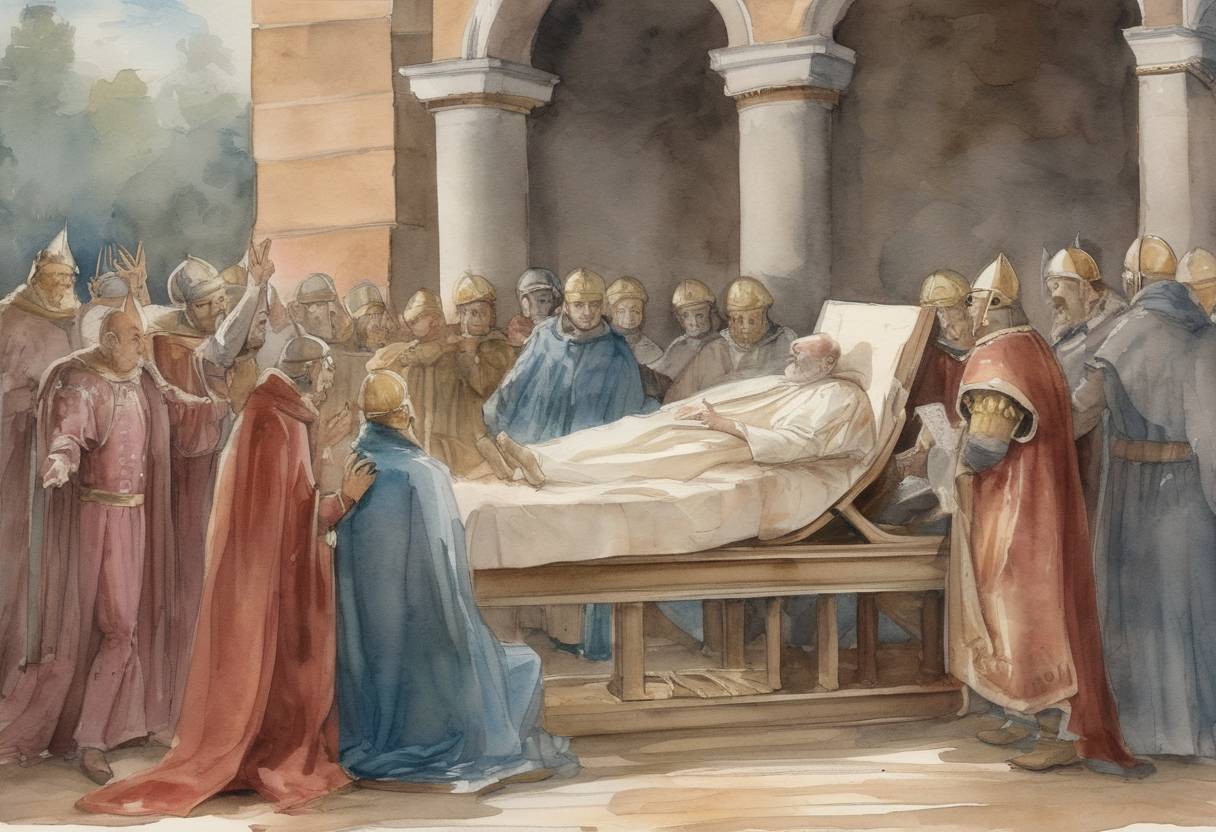 Watercolor painting based depiction of The death of Pope Adrian III, who served as pope from 884 until his death. His papacy was brief, and he is remembered for his efforts to improve relations with the Carolingian Empire. (884)