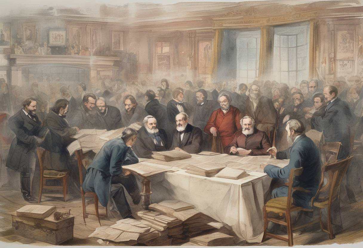 Watercolor painting based depiction of The Communist Manifesto, written by Karl Marx and Friedrich Engels, was published in London. It became one of the world's most influential political documents. (1848)