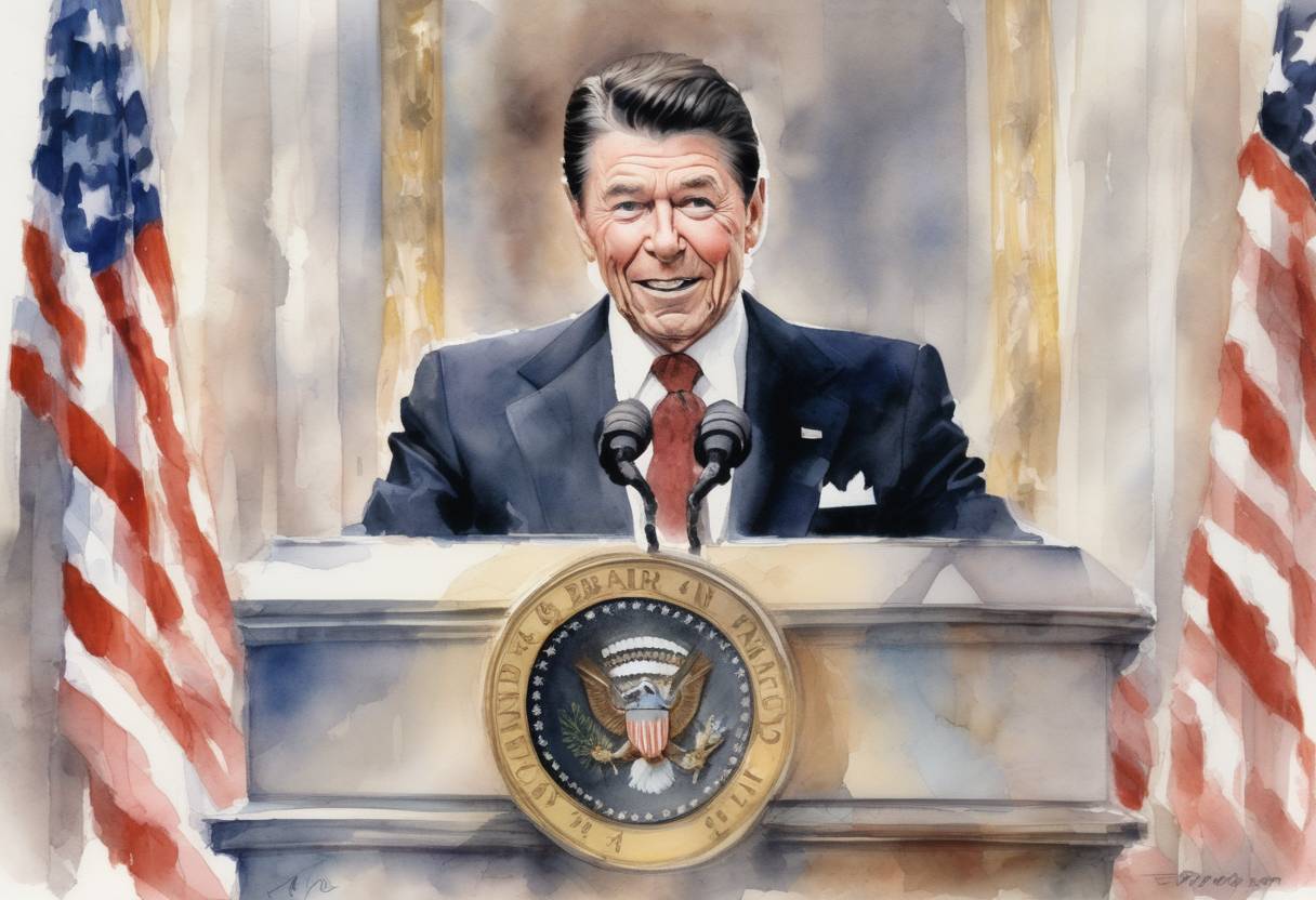 Watercolor painting based depiction of President Ronald Reagan delivered his farewell address to the nation. (1989)