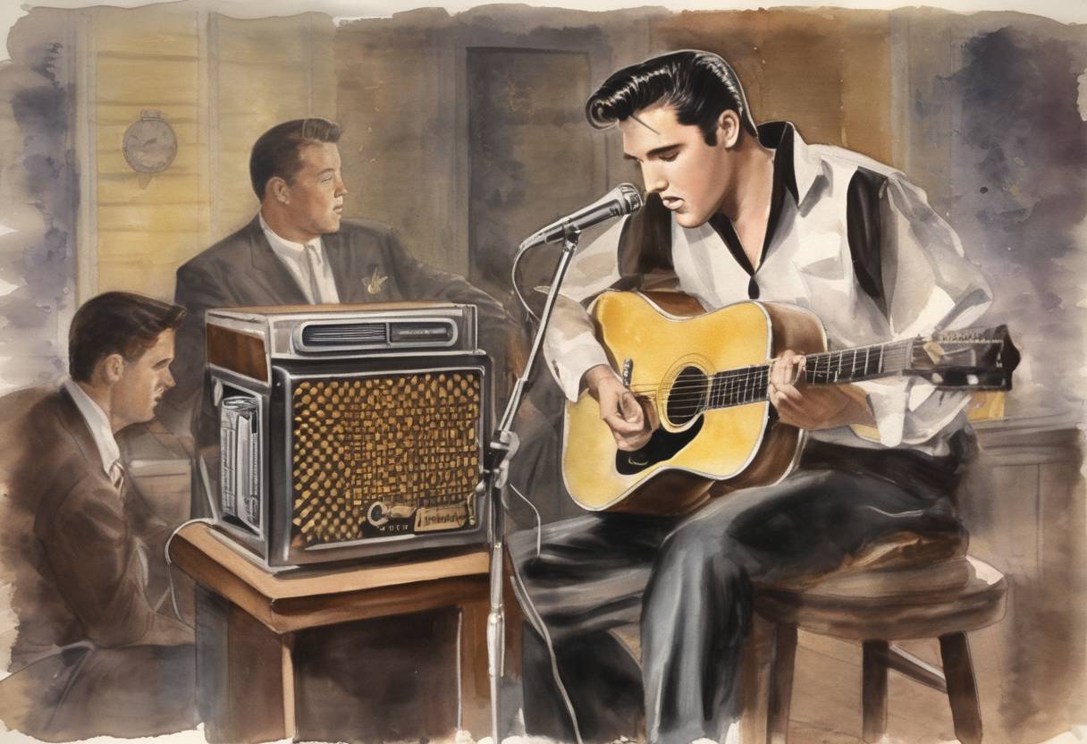 Watercolor painting based depiction of Elvis Presley makes his radio debut when WHBQ Memphis played his first recording for Sun Records, "That's All Right." (1954)