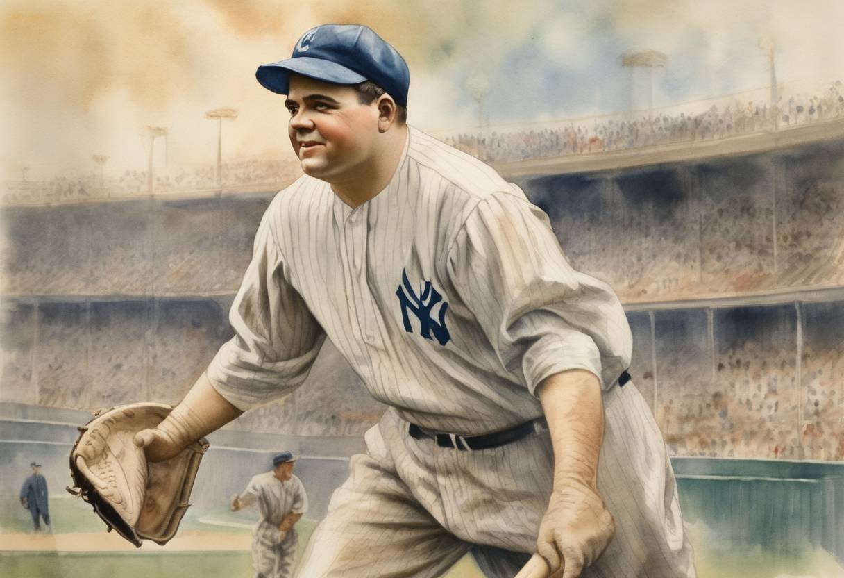 Watercolor painting based depiction of Babe Ruth becomes the first baseball player to hit 500 home runs in his career. (1929)