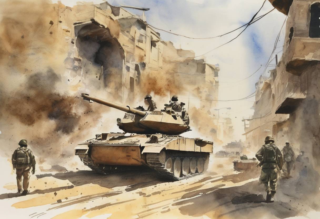 Watercolor painting based depiction of The Six-Day War ended with Israel and its neighboring states agreeing to a ceasefire. (1967)