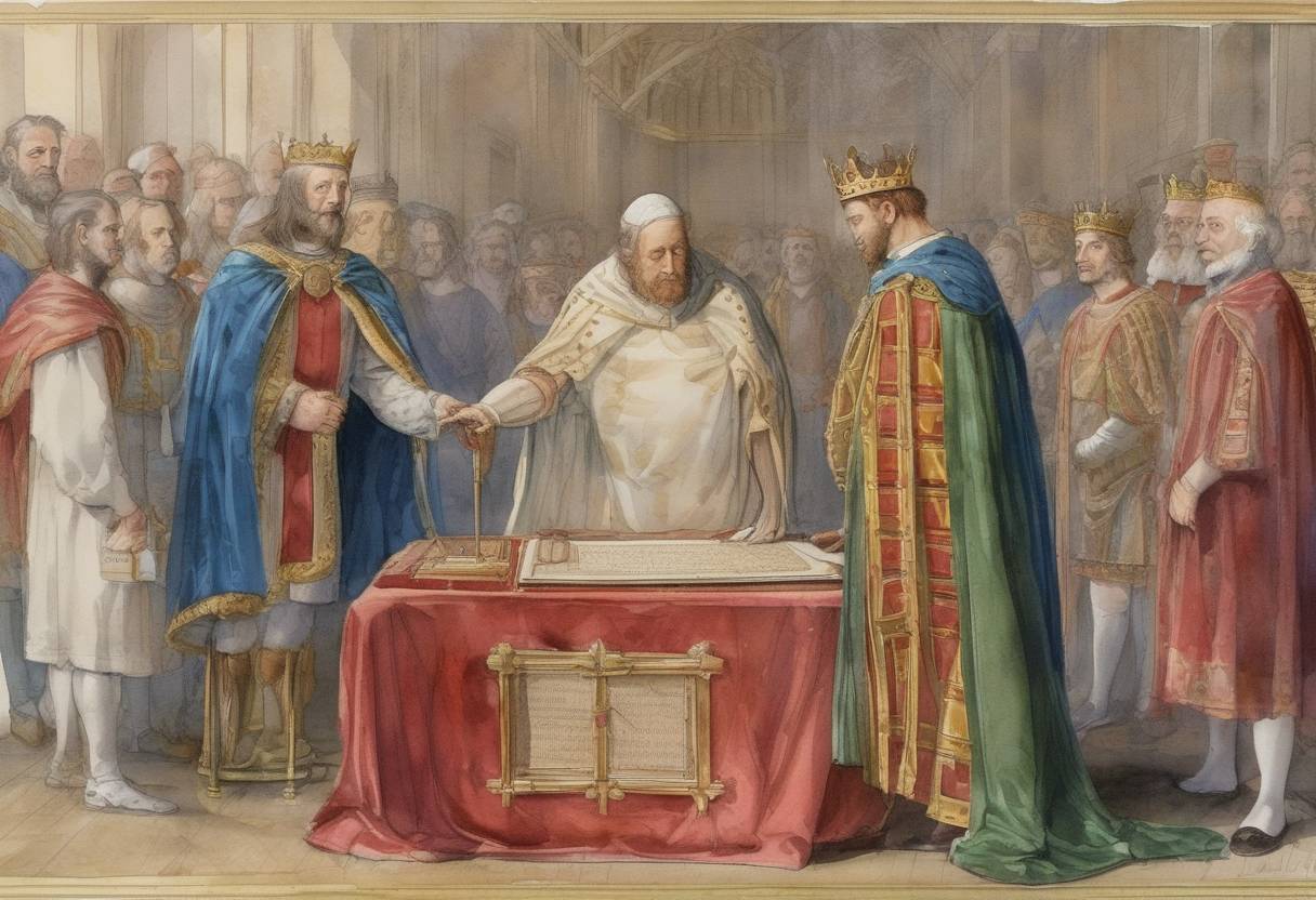 Watercolor painting based depiction of King John of England put his seal on the Magna Carta, a charter of liberties that would become a foundational document for constitutional governance. (1215)