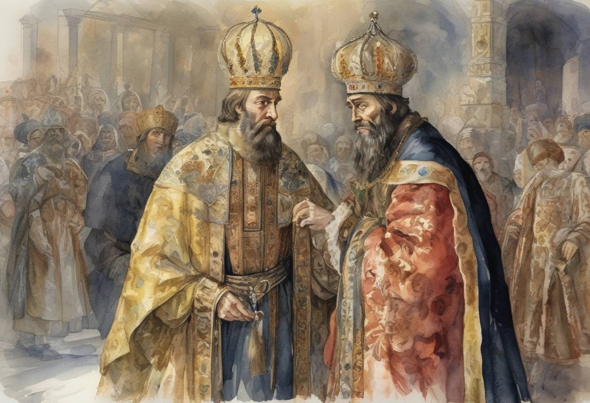 Watercolor painting based depiction of Ivan IV, known as Ivan the Terrible, was crowned as the first Tsar of Russia, marking the beginning of the Tsardom of Russia. (1547)