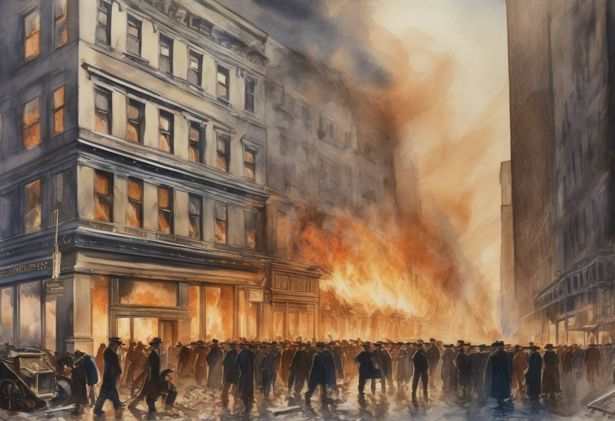 Watercolor painting based depiction of The Triangle Shirtwaist Factory fire occurred in New York City, leading to the deaths of 146 garment workers and prompting significant labor reforms. (1911)