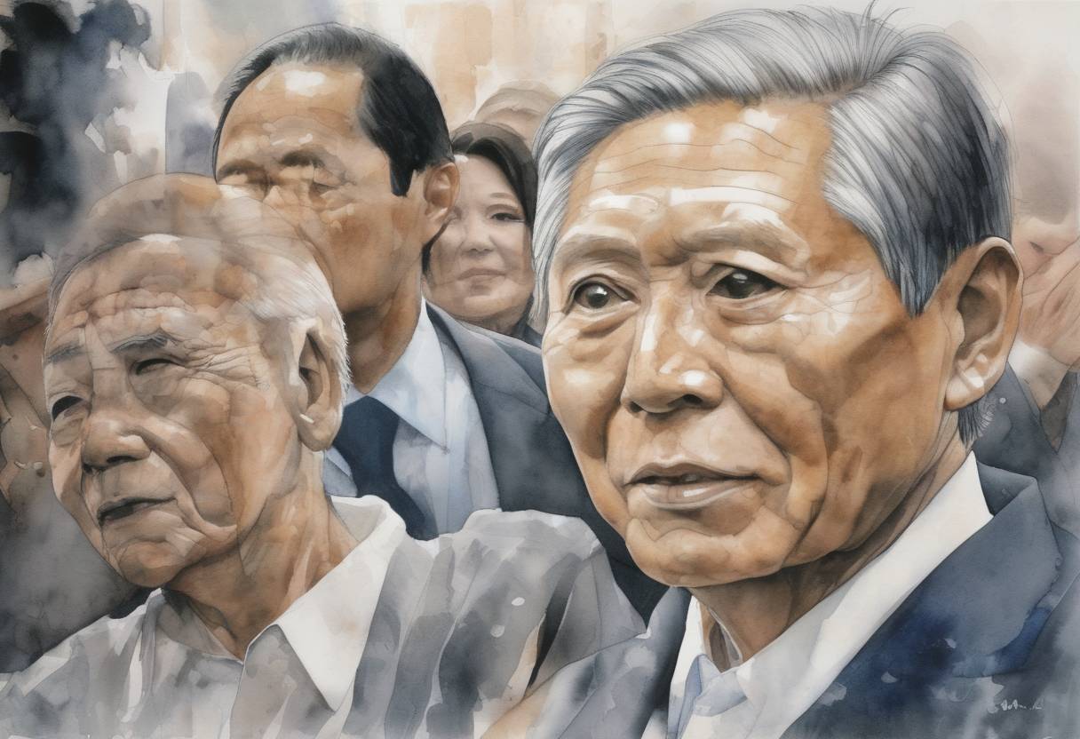 Watercolor painting based depiction of Peru's former President Alberto Fujimori is charged with murder and forced disappearance. (2001)