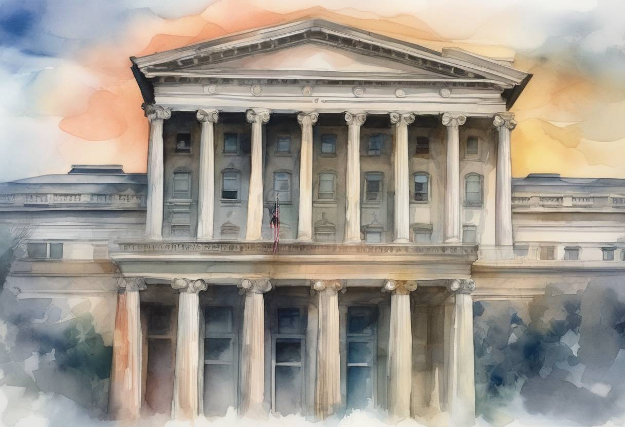 Watercolor painting based depiction of The United States declared a national emergency concerning the COVID-19 pandemic, freeing up $50 billion in federal resources to combat the spread of the virus. (2020)