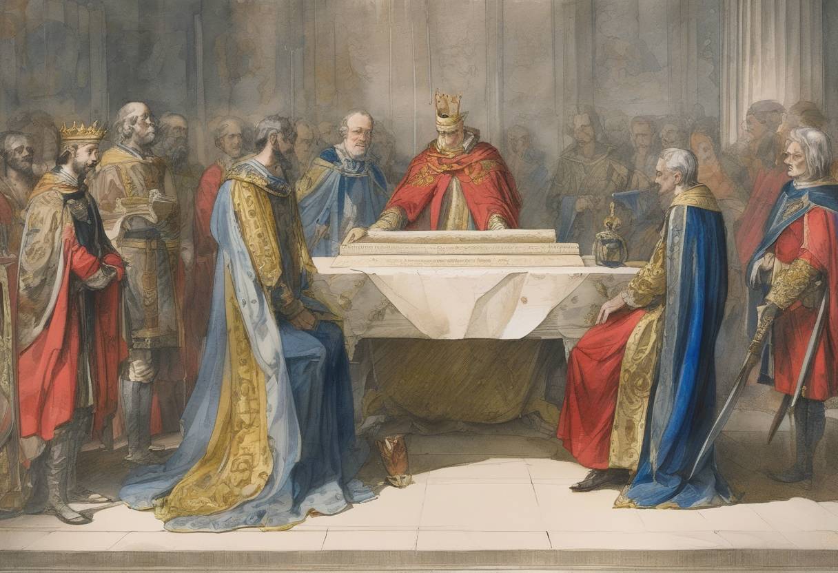 Watercolor painting based depiction of King John of England put his seal on the Magna Carta, a document that limited the powers of the monarchy and laid the foundation for modern democracy. (1215)