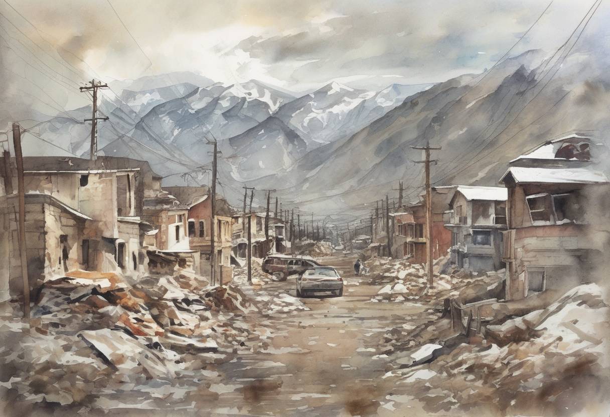 Watercolor painting based depiction of A magnitude 6.8 earthquake strikes Spitak, Armenia, killing tens of thousands of people and leaving many more homeless. (1988)