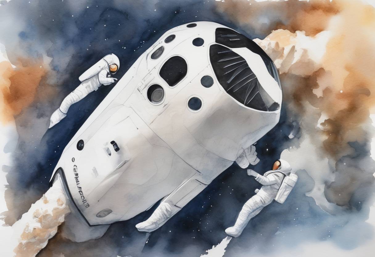 Watercolor painting based depiction of SpaceX's Crew Dragon spacecraft, carrying NASA astronauts Doug Hurley and Bob Behnken, launched from Kennedy Space Center, marking the first crewed orbital spaceflight launched from the United States since 2011. (2020)