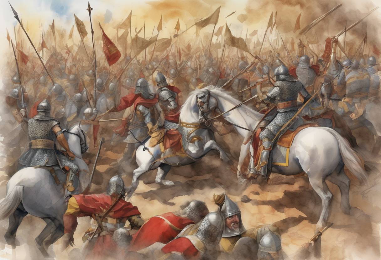 Watercolor painting based depiction of The Battle of Sagrajas took place, where the Almoravid army defeated the forces of Alfonso VI of León and Castile. (1086)