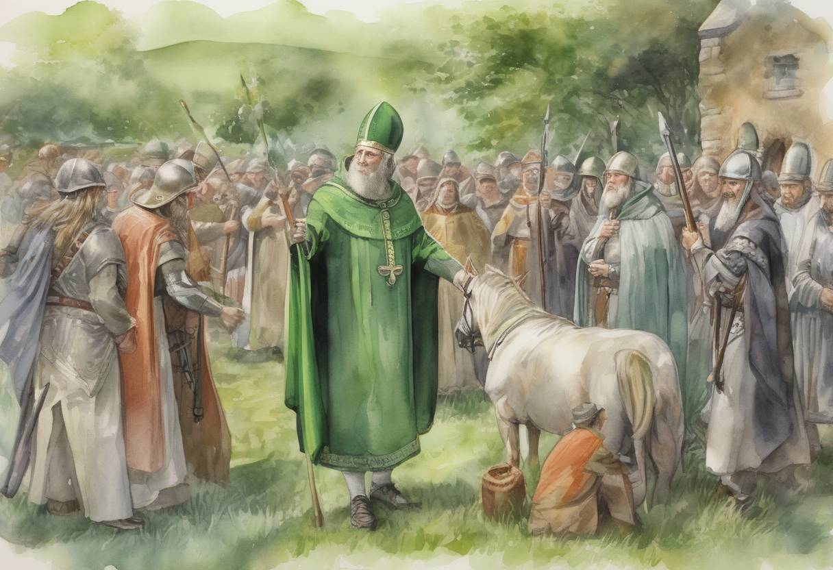 Watercolor painting based depiction of Traditionally, this date is associated with the death of Saint Patrick, the patron saint of Ireland, although historical accuracy is debated. Saint Patrick is credited with bringing Christianity to Ireland and is celebrated annually on this day. (432)