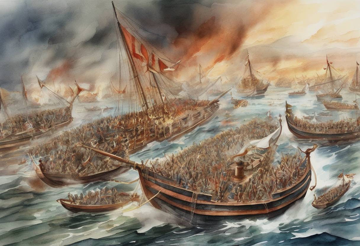 Watercolor painting based depiction of The Battle of Salamis took place, where the Greek fleet, under the command of Themistocles, defeated the Persian navy led by Xerxes I. This naval battle was a turning point in the Greco-Persian Wars, significantly weakening Persian naval power and contributing to the eventual Greek victory. (480)