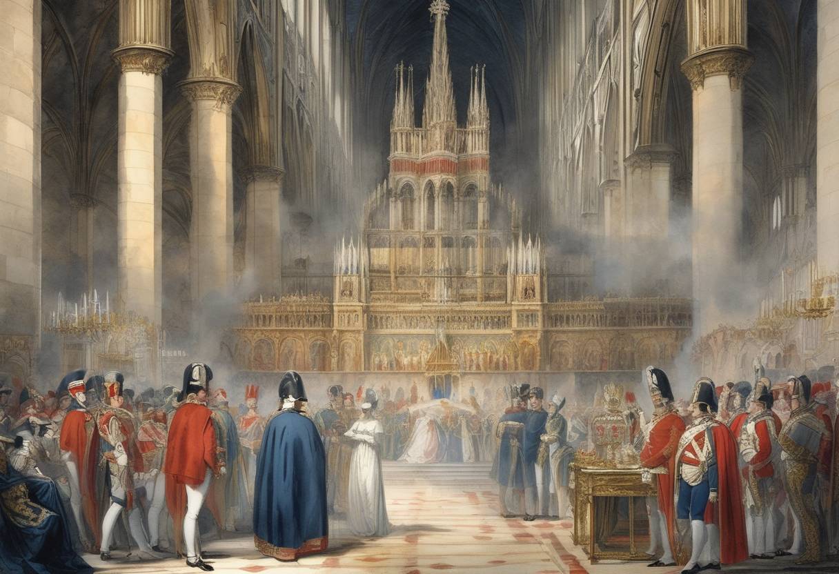 Watercolor painting based depiction of Napoleon Bonaparte was crowned Emperor of the French at Notre-Dame Cathedral in Paris. (1804)