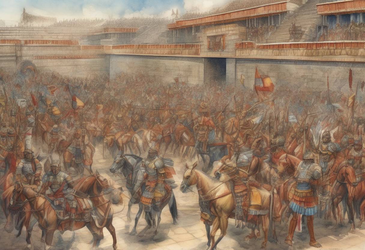 Watercolor painting based depiction of Hernán Cortés entered Tenochtitlán, the capital of the Aztec Empire, where he was welcomed by Emperor Moctezuma II. This marked a significant moment in the Spanish conquest of the Aztec Empire. (1519)