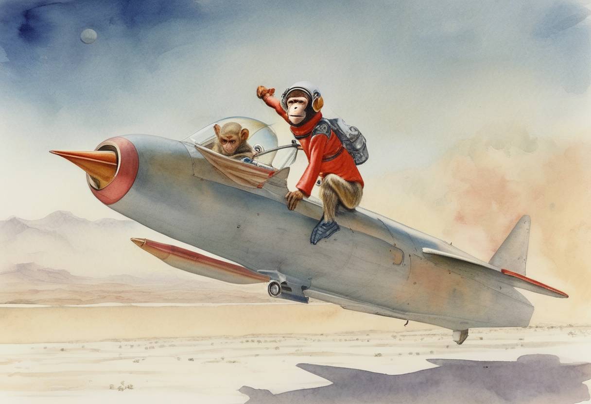 Watercolor painting based depiction of Albert II, a rhesus monkey, rides a V-2 rocket to an altitude of 83 miles, becoming the first monkey in space. (1949)