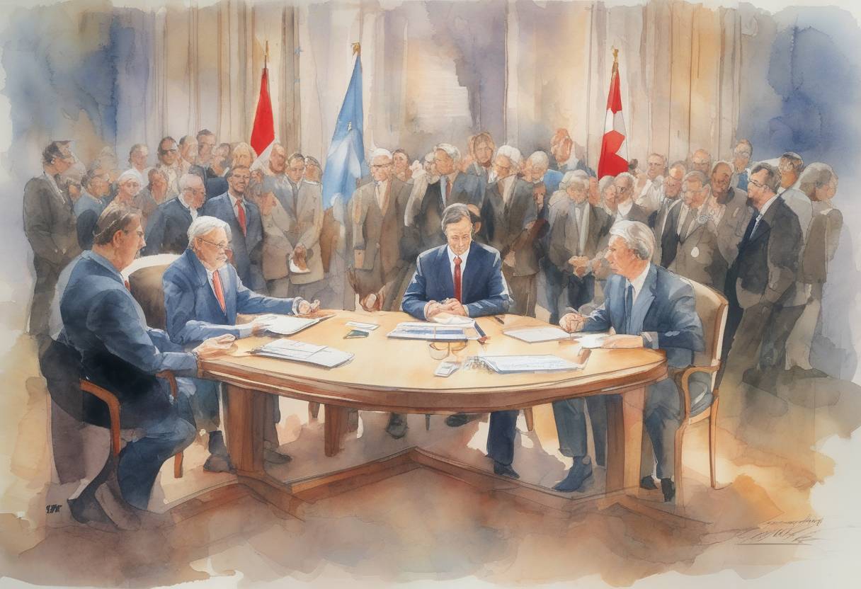 Watercolor painting based depiction of The Uruguay Round of General Agreement on Tariffs and Trade (GATT) negotiations concludes after seven years, leading to the creation of the World Trade Organization (WTO). (1993)