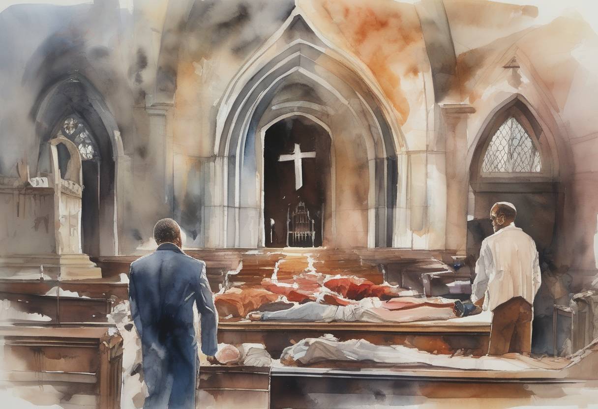 Watercolor painting based depiction of The Saint James Church massacre occurred in Cape Town, South Africa, when armed men attacked the congregation, resulting in 11 deaths and 58 injuries. (1993)
