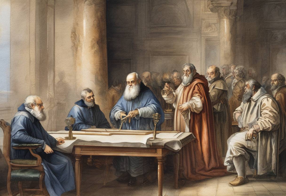 Watercolor painting based depiction of Galileo Galilei demonstrates his first telescope to Venetian lawmakers. (1609)