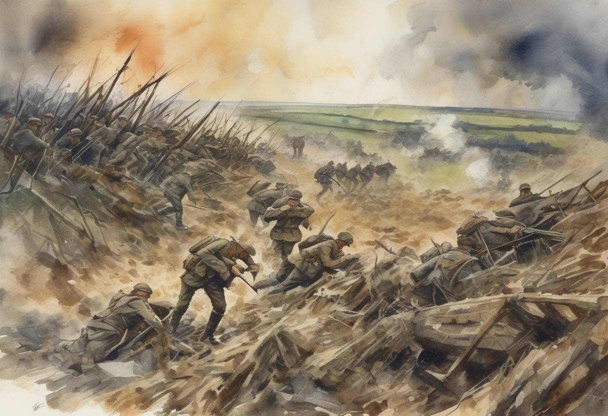 Watercolor painting based depiction of The Battle of the Somme begins during World War I, resulting in over one million casualties. (1916)
