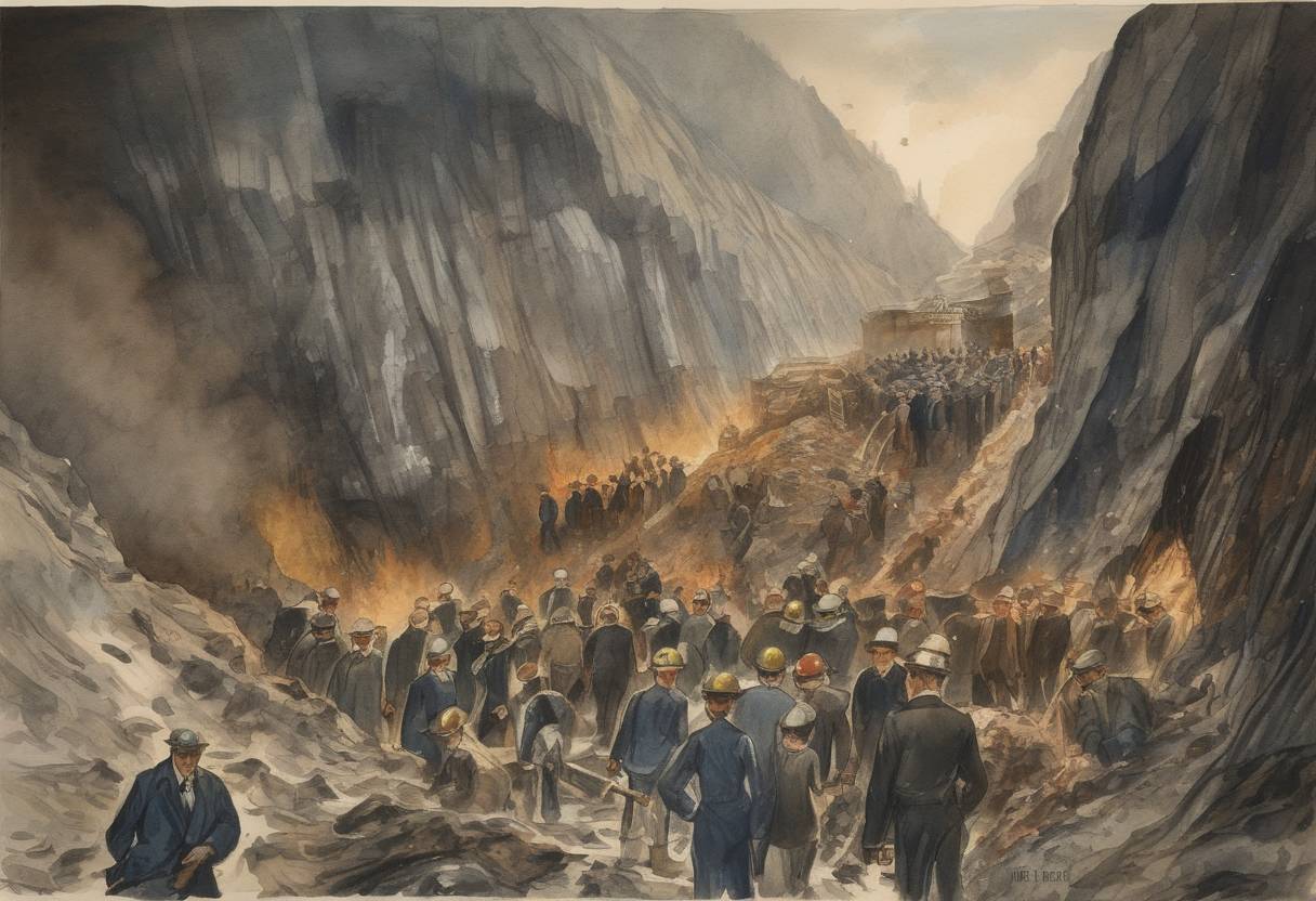 Watercolor painting based depiction of The Courrières mine disaster in France kills 1,099 miners, making it Europe's worst mining accident. (1906)