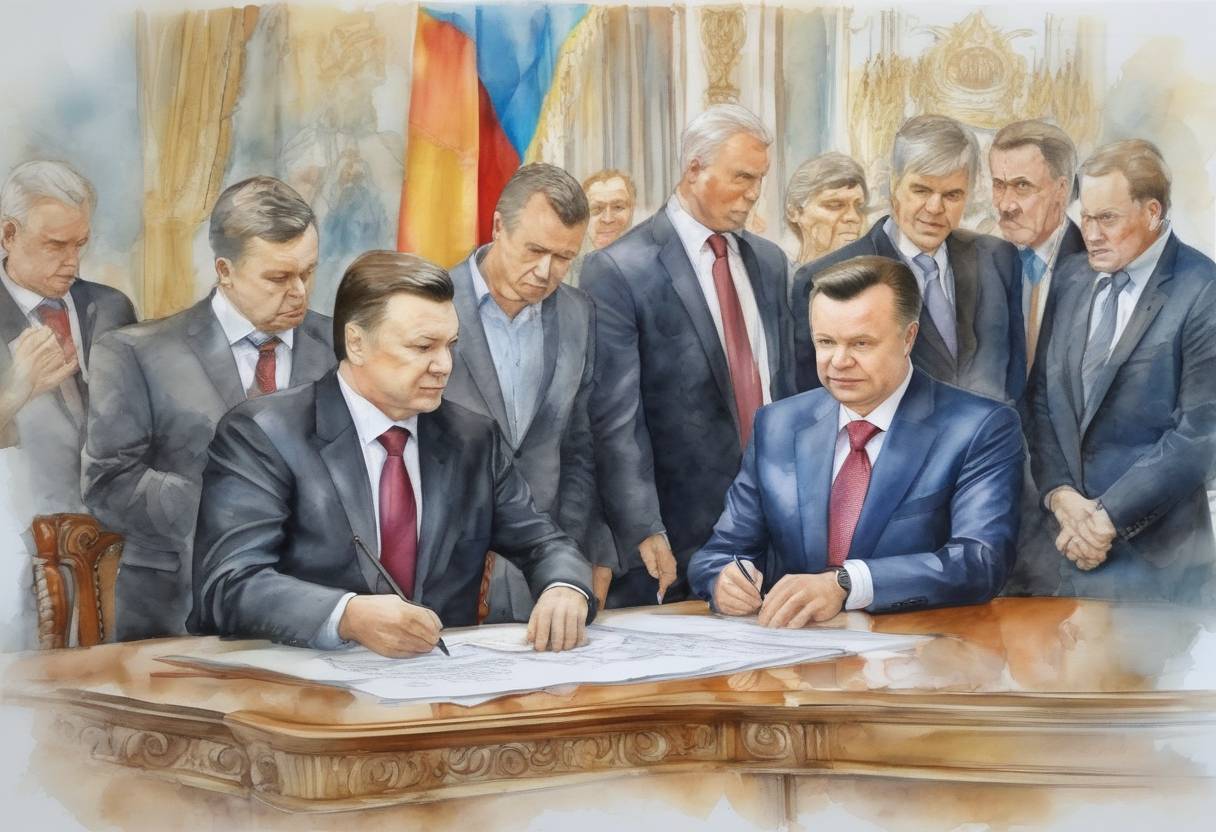 Watercolor painting based depiction of Ukrainian President Viktor Yanukovych and opposition leaders sign a deal to end the crisis in Ukraine, which includes a return to the 2004 constitution and early elections. (2014)