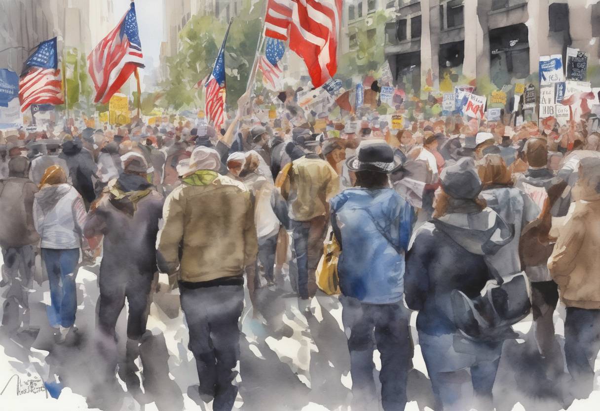 Watercolor painting based depiction of The Occupy Wall Street movement held a day of action in New York City, marking two months since the movement began. (2011)