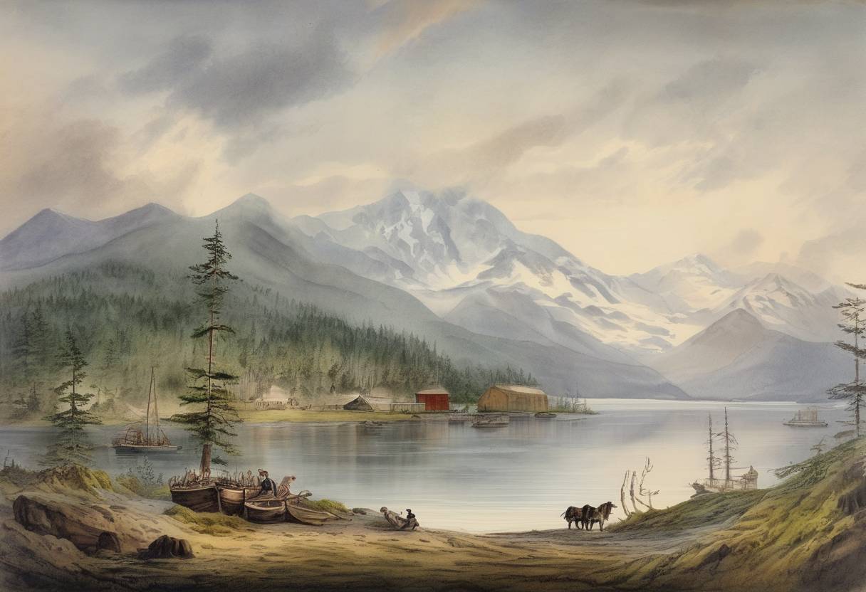 Watercolor painting based depiction of The United States formally took possession of Alaska after purchasing it from Russia, a transaction known as the Alaska Purchase. (1867)