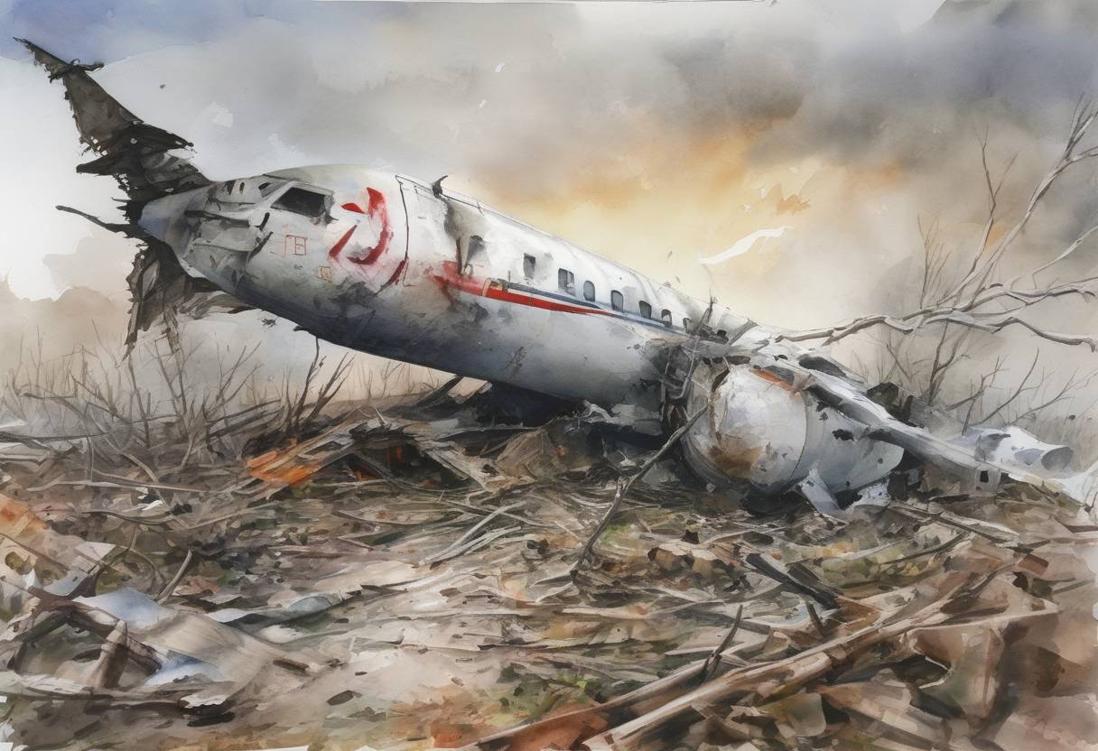 Watercolor painting based depiction of Pulkovo Aviation Enterprise Flight 612 crashes near Donetsk, Ukraine, killing all 170 people on board. (2006)
