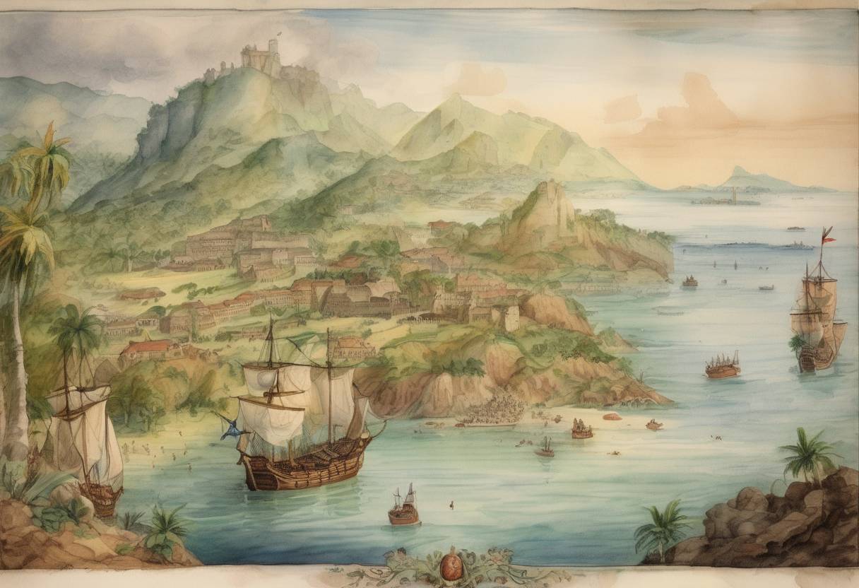 Watercolor painting based depiction of Christopher Columbus lands on the island of Hispaniola, which he names La Española, marking the first European contact with the island. (1492)