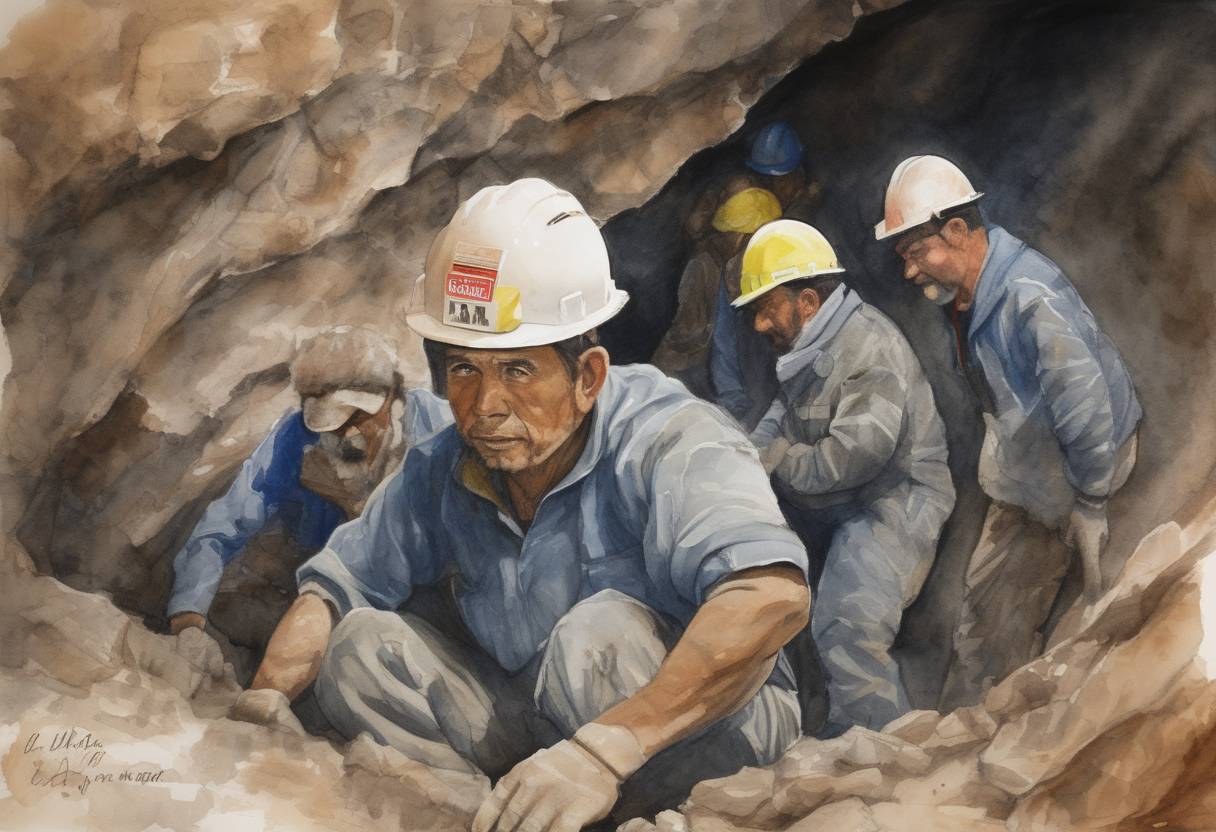 Watercolor painting based depiction of The last of 33 miners trapped underground for 69 days in the San José mine in Copiapó, Chile, is rescued, concluding a successful international rescue operation. (2010)