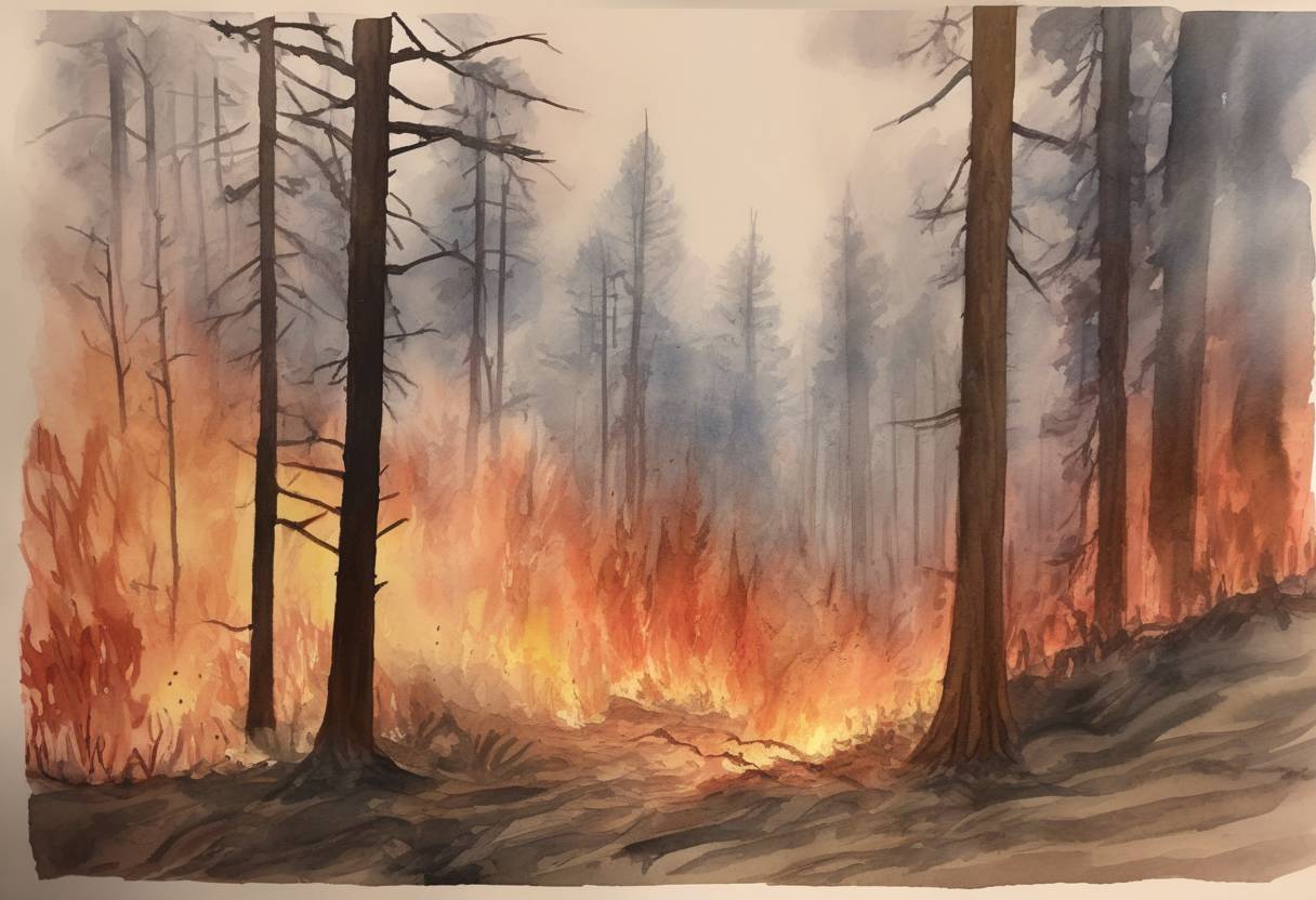 Watercolor painting based depiction of The deadliest week of wildfires in California's history, known as the October 2017 Northern California wildfires, began to be contained after burning over 245,000 acres. (2017)