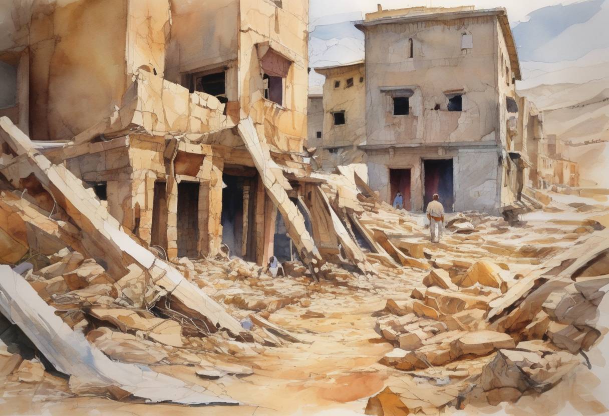 Watercolor painting based depiction of An earthquake measuring 6.8 on the Richter scale struck northern Algeria, causing significant damage and resulting in the deaths of over 2,200 people. (2003)