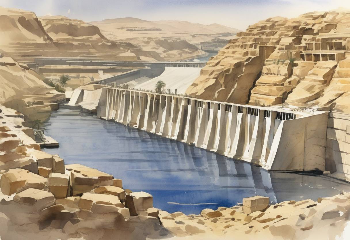 Watercolor painting based depiction of The Aswan High Dam in Egypt was completed, providing significant benefits in terms of flood control, irrigation, and hydroelectric power, but also causing environmental and archaeological concerns. (1970)
