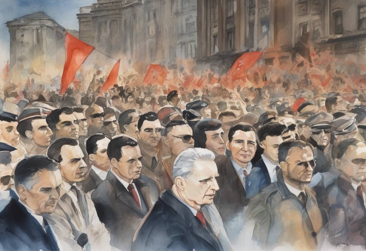 Watercolor painting based depiction of Romanian leader Nicolae Ceaușescu was overthrown following a revolution, marking the end of communist rule in Romania. (1989)