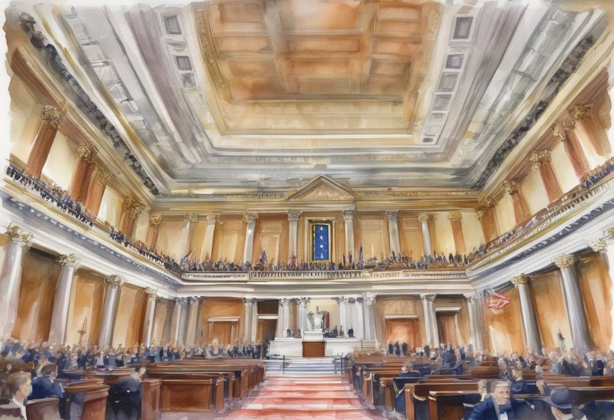 Watercolor painting based depiction of The U.S. Senate passes a bill to temporarily suspend the debt ceiling, allowing the government to continue borrowing money to meet its obligations. (2013)