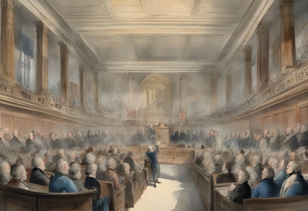 Watercolor painting based depiction of The British Parliament passes the Constitutional Act of 1791, splitting the Province of Quebec into Upper and Lower Canada. (1791)