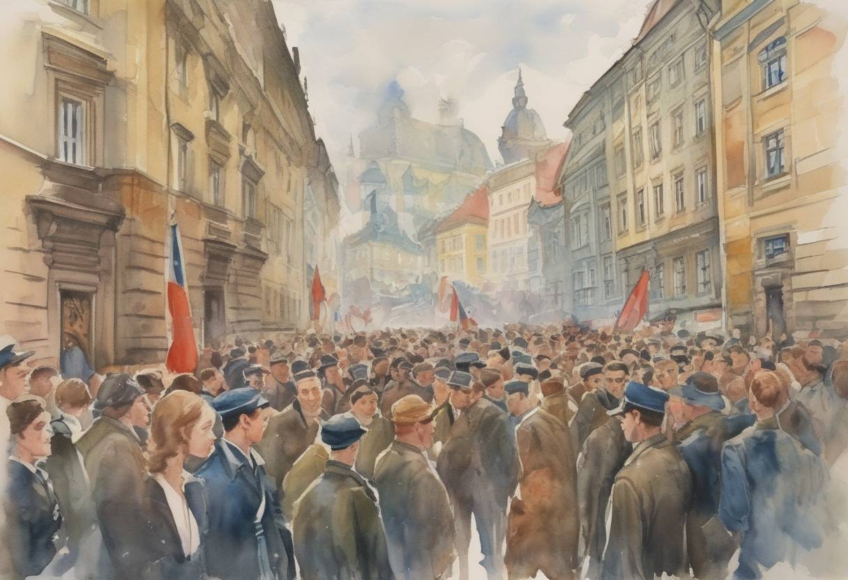 Watercolor painting based depiction of In Czechoslovakia, the Nazis close all universities and colleges following student protests, leading to the International Students' Day observance. (1939)