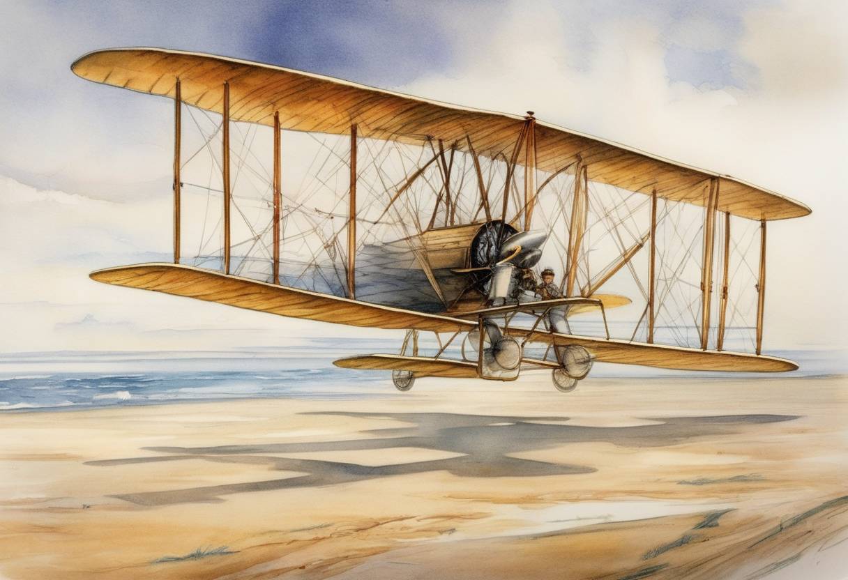 Watercolor painting based depiction of The Wright brothers made the first controlled, sustained flight of a powered, heavier-than-air aircraft at Kitty Hawk, North Carolina. (1903)