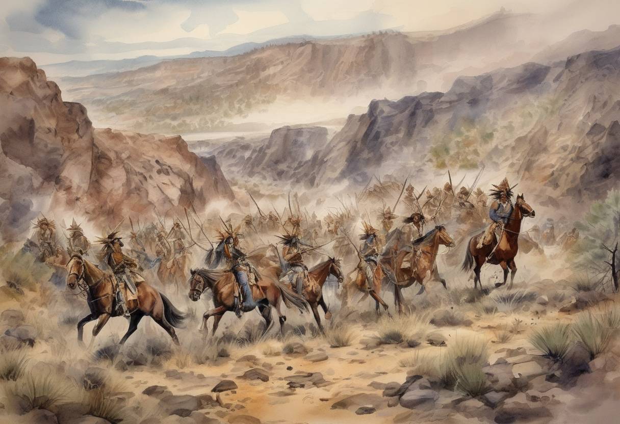 Watercolor painting based depiction of A group of Modoc warriors defeated the United States Army in the First Battle of the Stronghold. (1873)